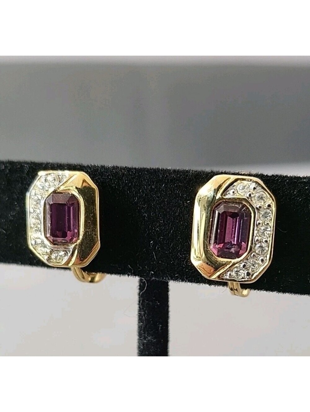 Vintage Clip-on Earrings Monet Gold w Amethyst w Crystals Jewlery EUC O10